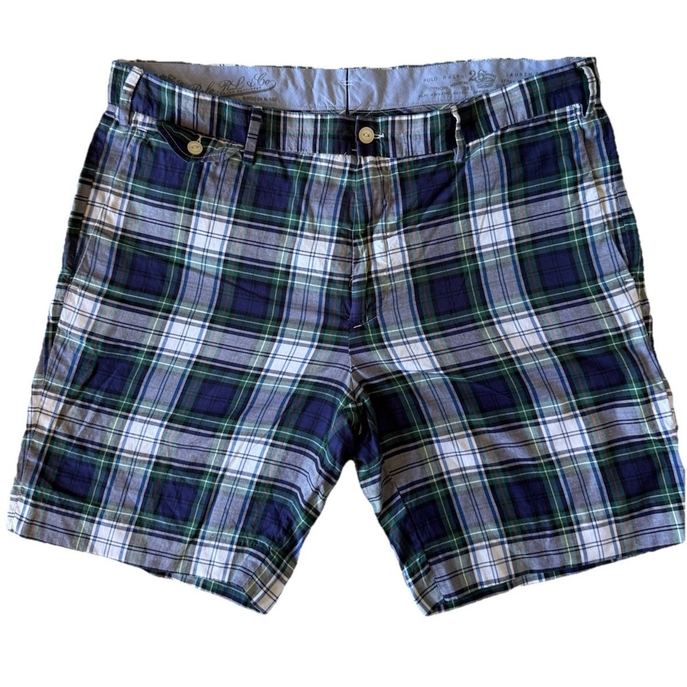 Polo Ralph Lauren Plaid Shorts Mens 36 Blue Green Madras Cotton Flat Front
